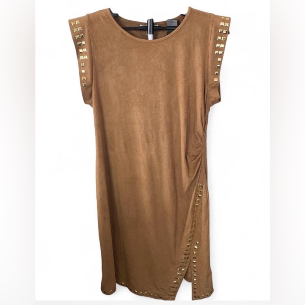 Shelby & Palmer Camel Stud-Accent Midi Dress